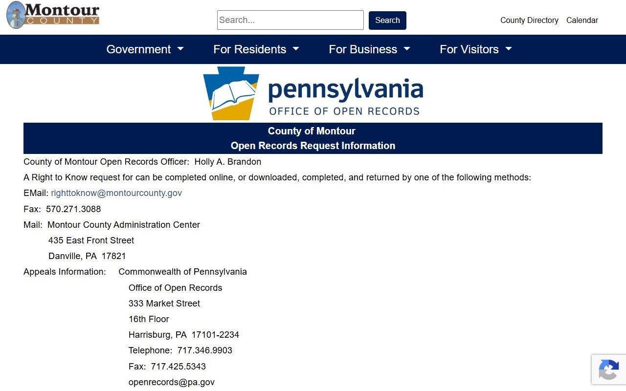 Montour County open records request information page