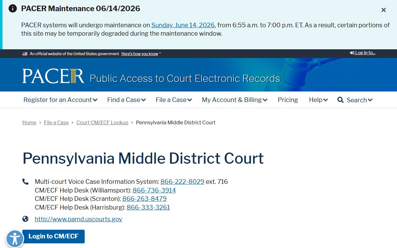 Montour County court dockets PACER lookup for Pennsylvania Middle District Court