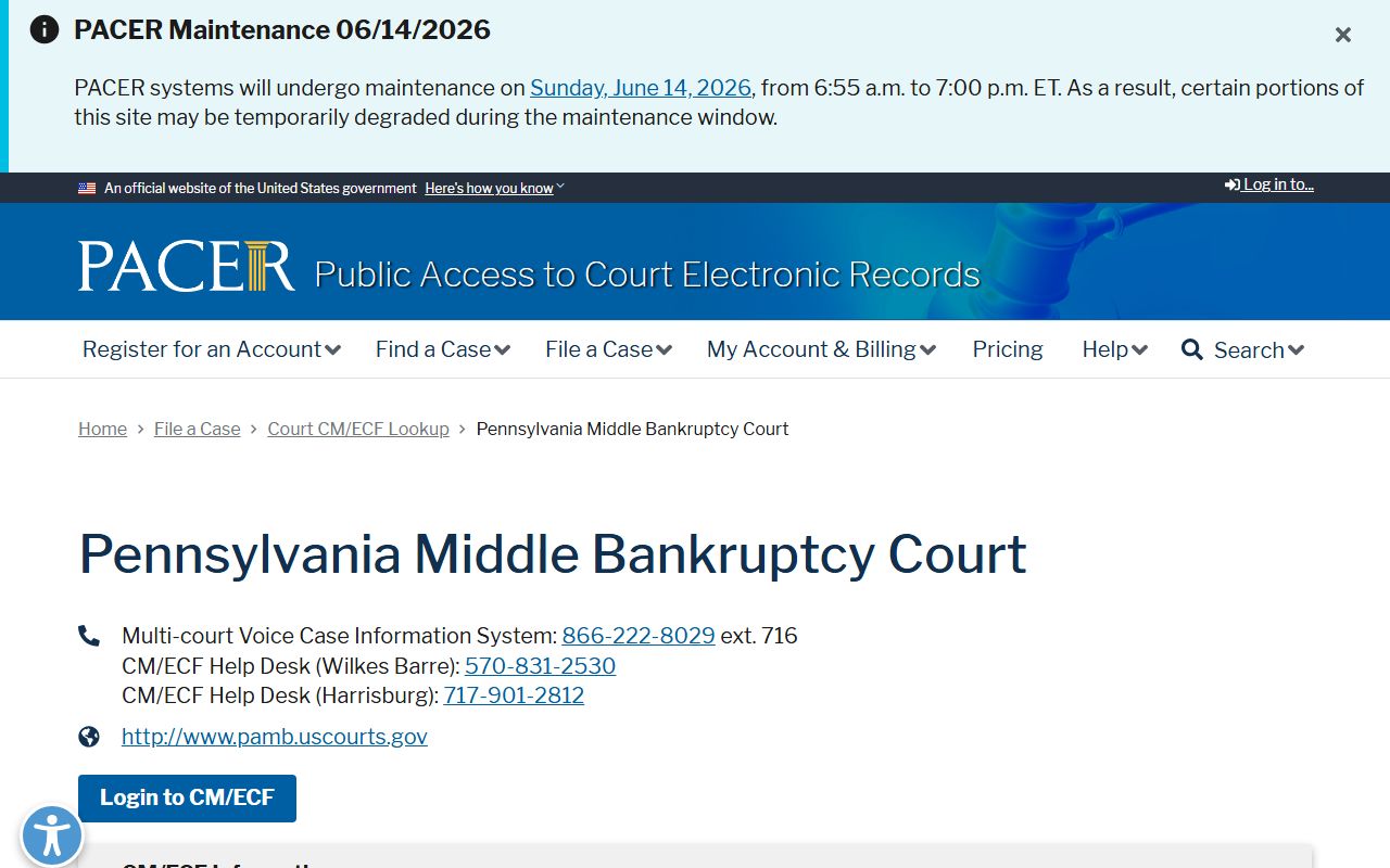 Montour County court dockets PACER lookup for Pennsylvania Middle Bankruptcy Court
