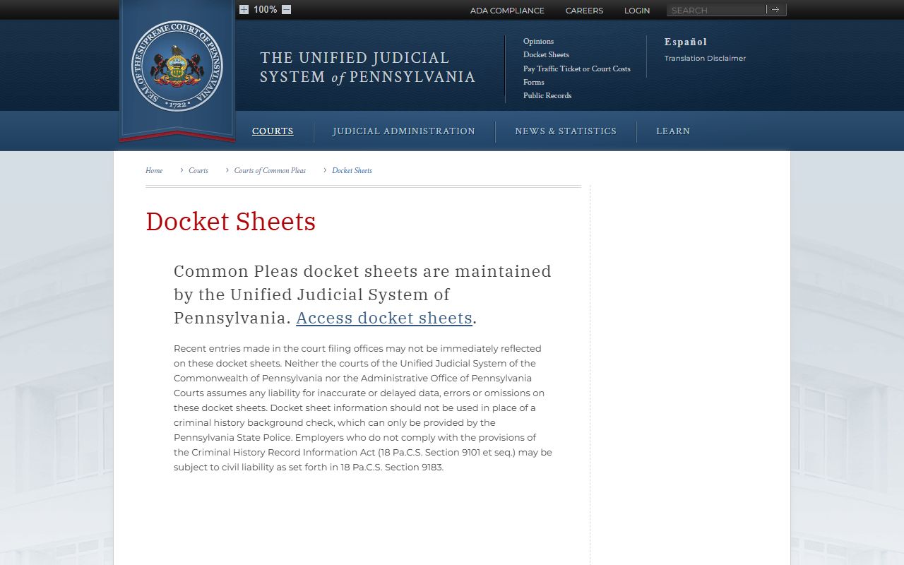 Montour County court dockets UJS docket sheets overview