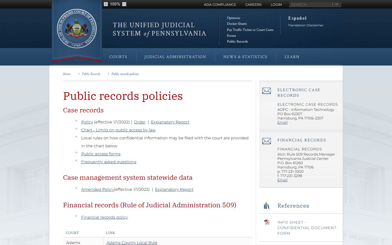 Montour County court records UJS public records policies