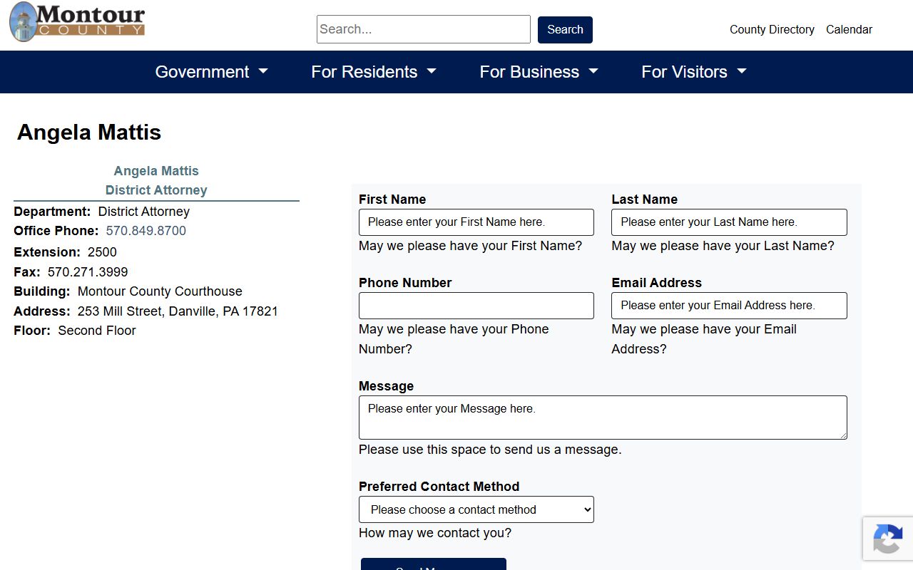 Montour County criminal court records Angela Mattis contact page