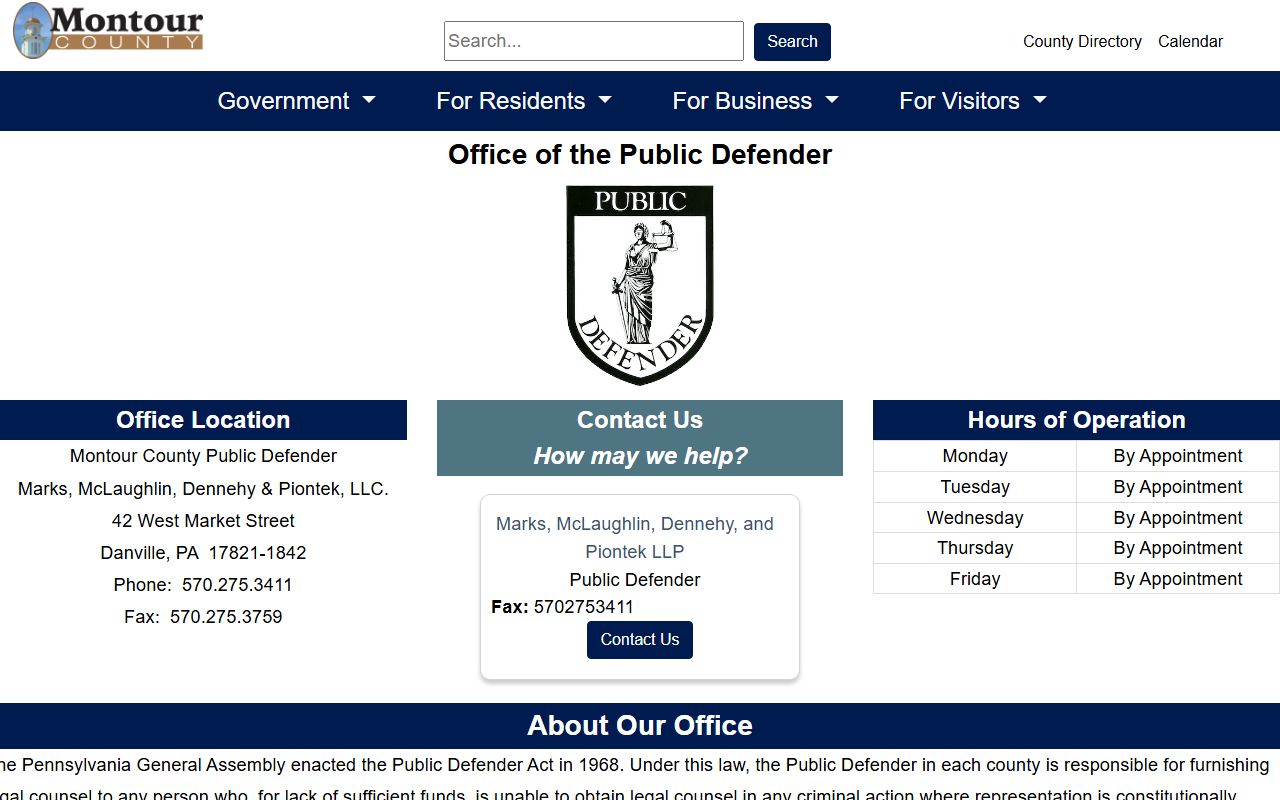 Montour County criminal court records Public Defender office