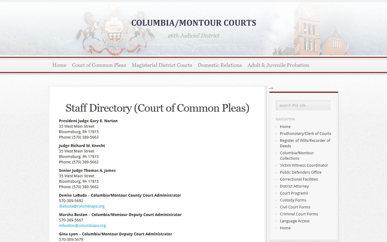 26th Judicial District Court of Common Pleas staff directory