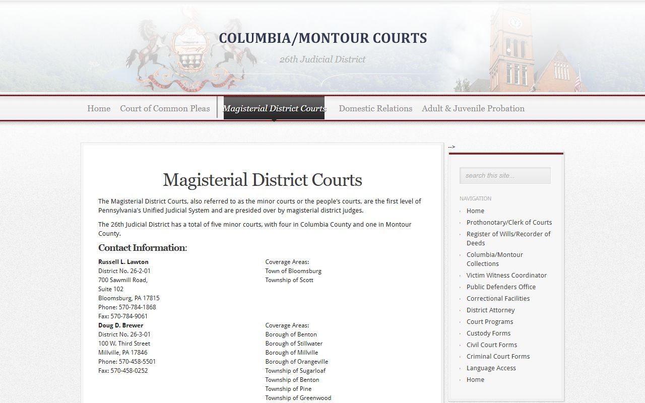 26th Judicial District Magisterial District Courts page