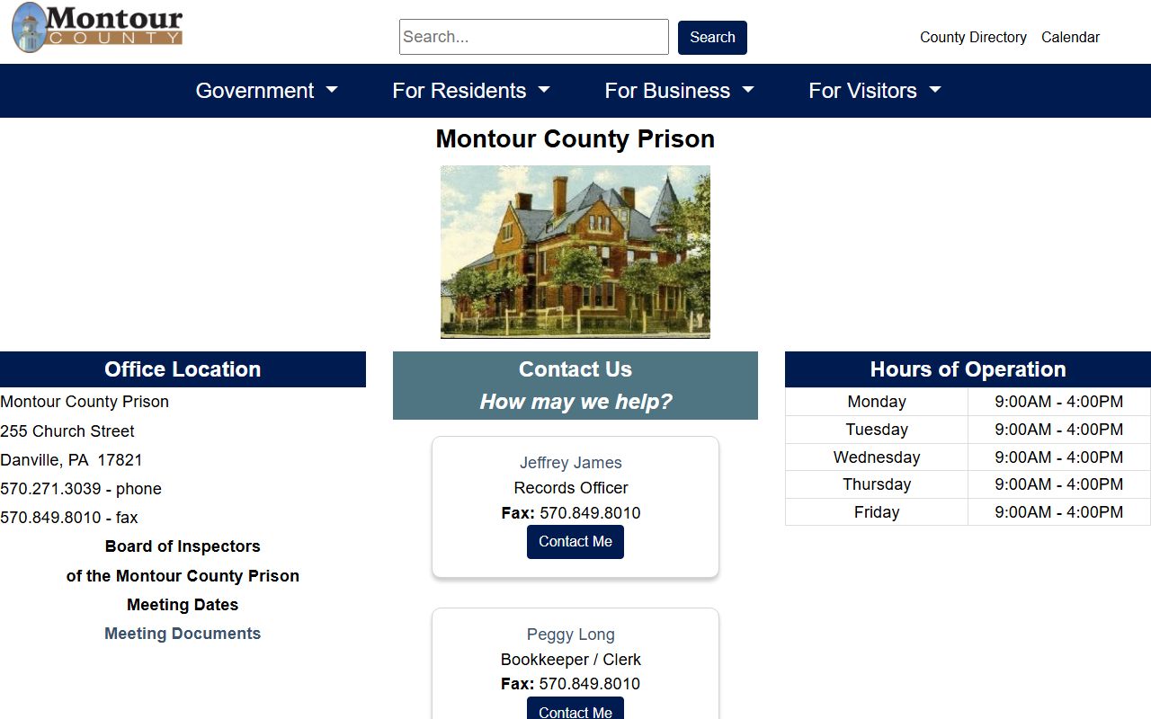 Montour County Prison official page with facility contact information