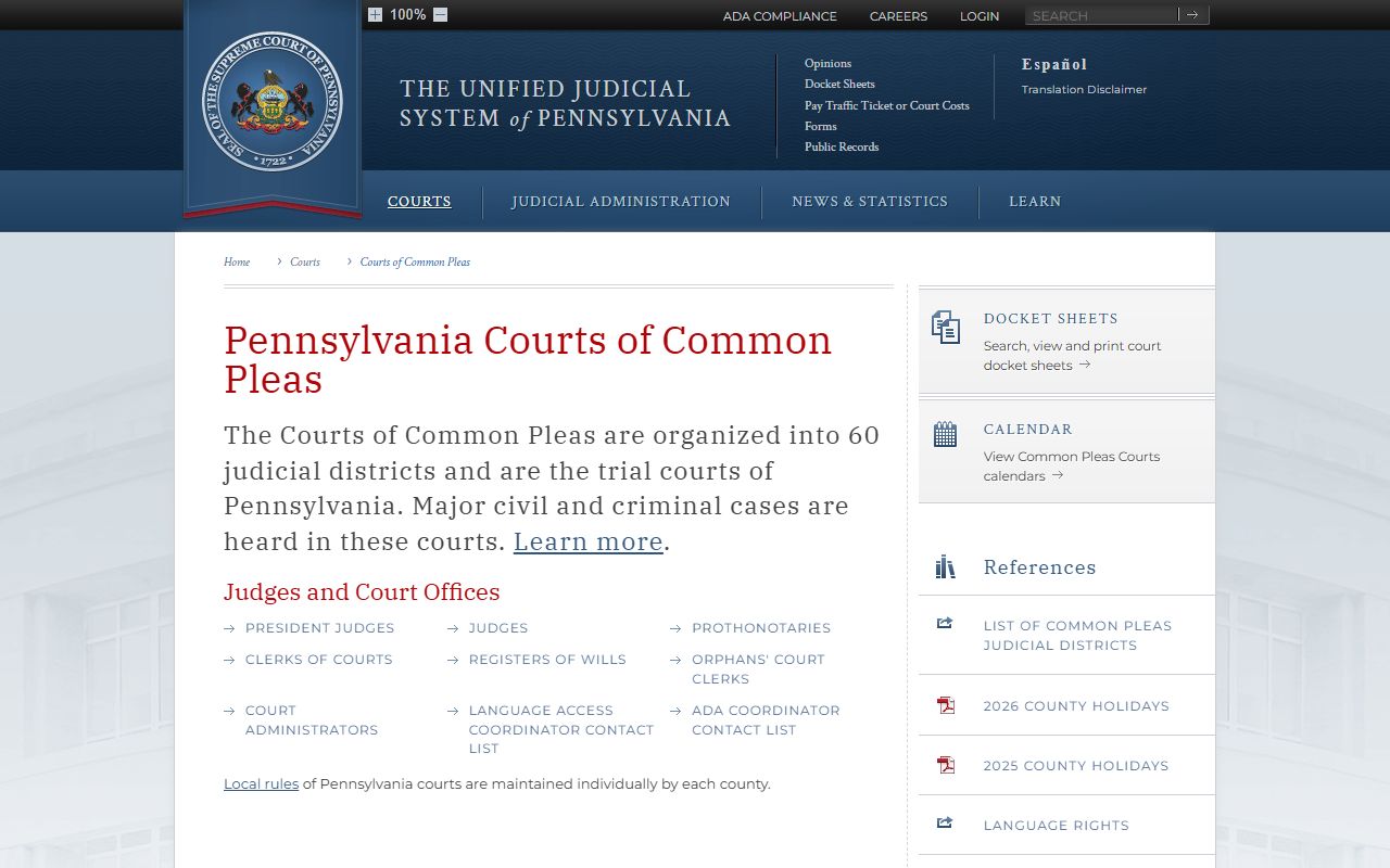 Pennsylvania Courts of Common Pleas overview for Orphans' Court context