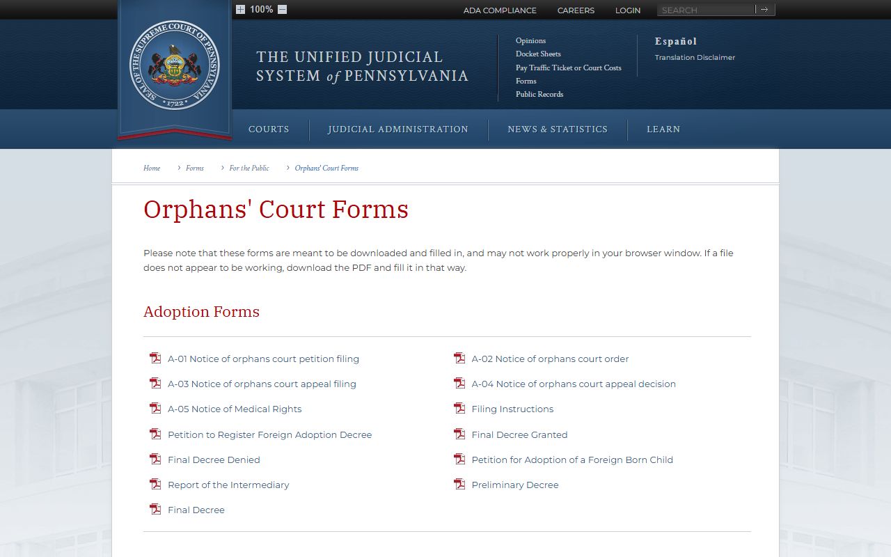 Pennsylvania UJS Orphans' Court public forms page