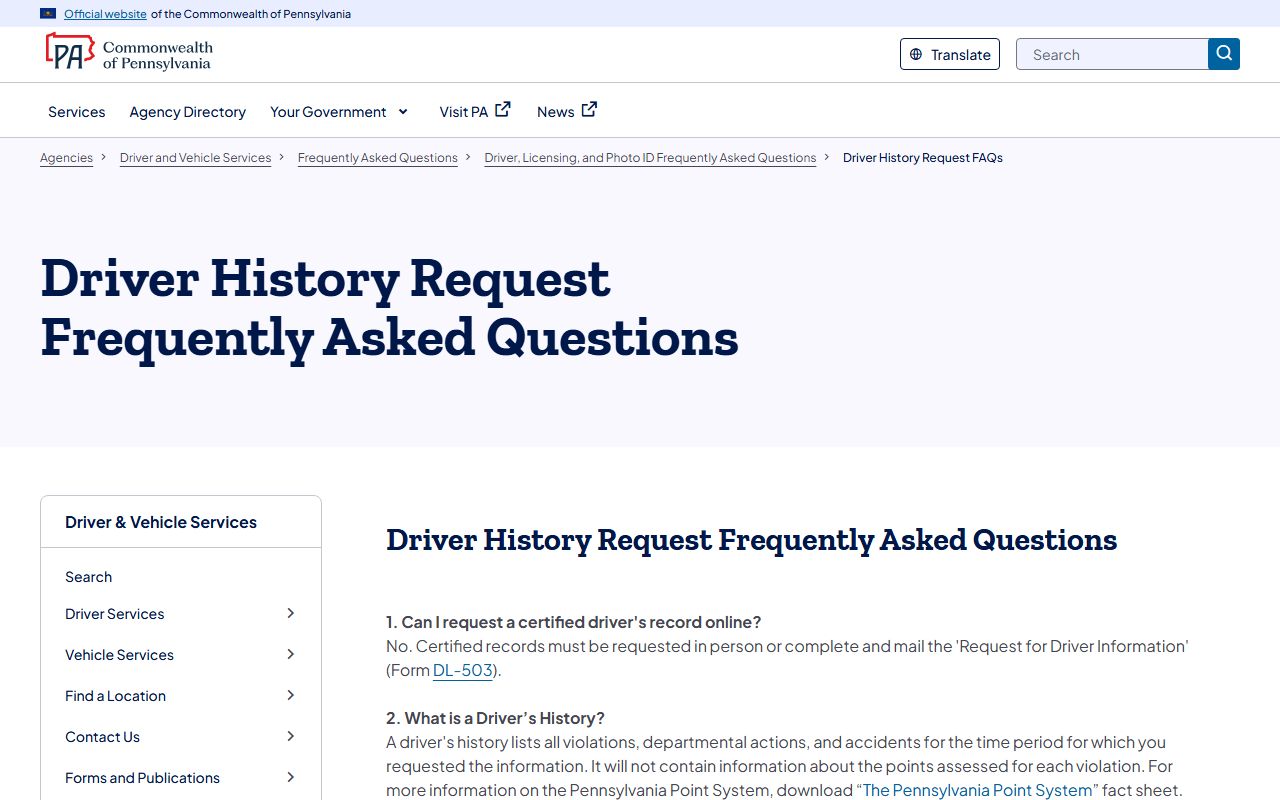 PennDOT driver-history FAQ for certified driver-record limitations