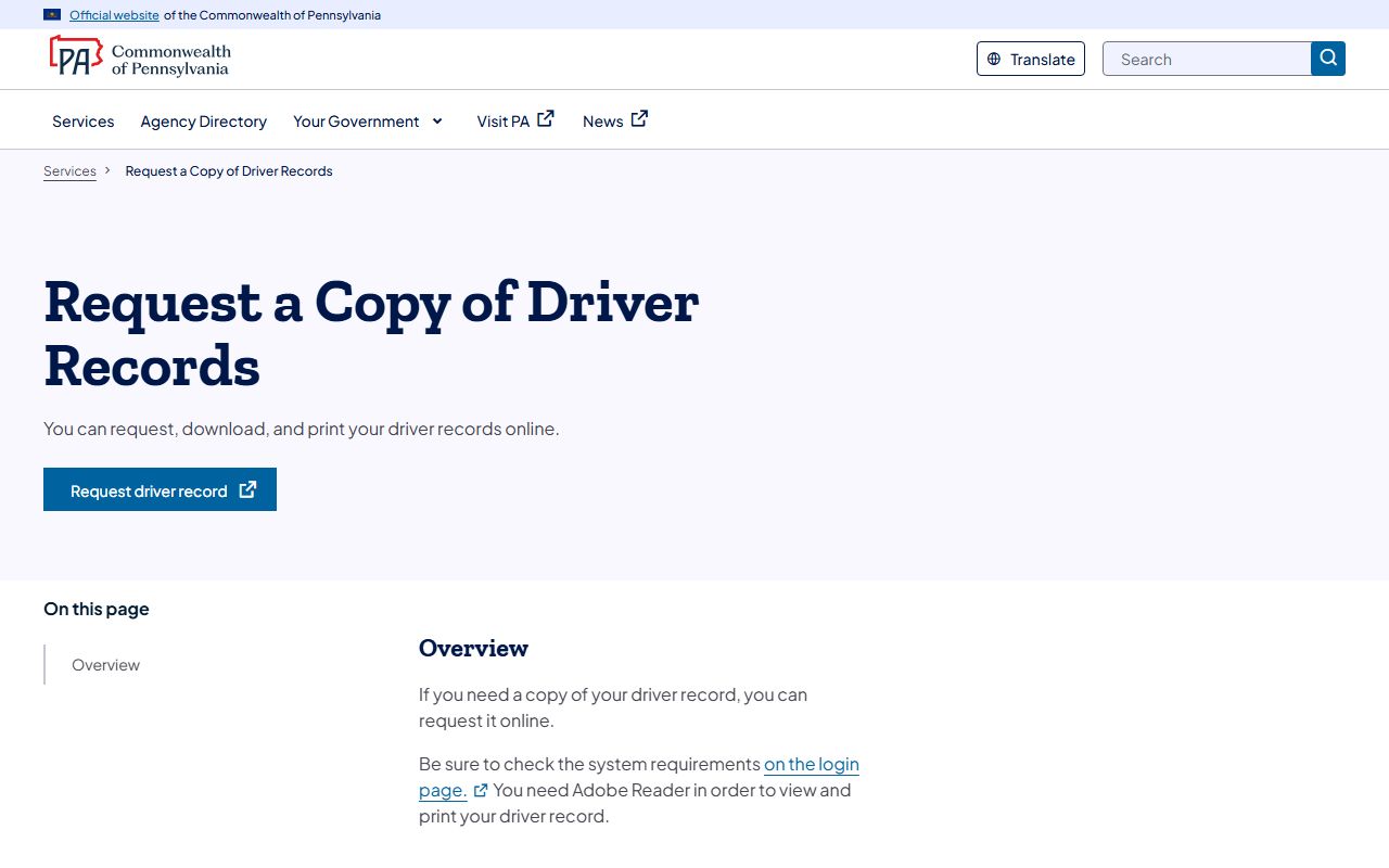PennDOT driver-record request service for state driver history