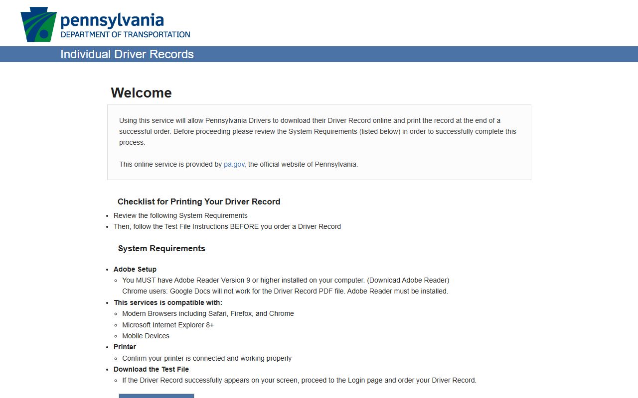 PennDOT Individual Driver Records online service