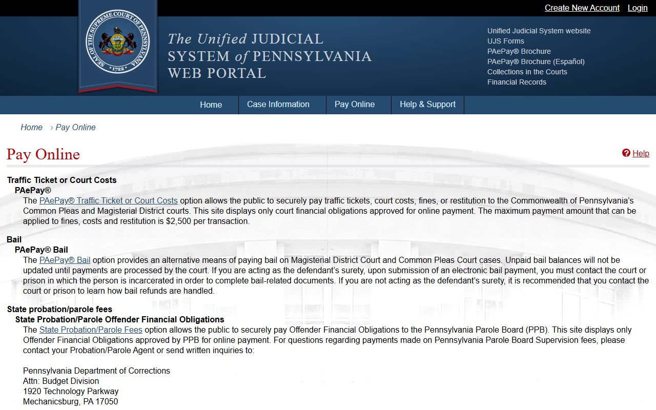 UJS pay online information for PAePay traffic ticket payments