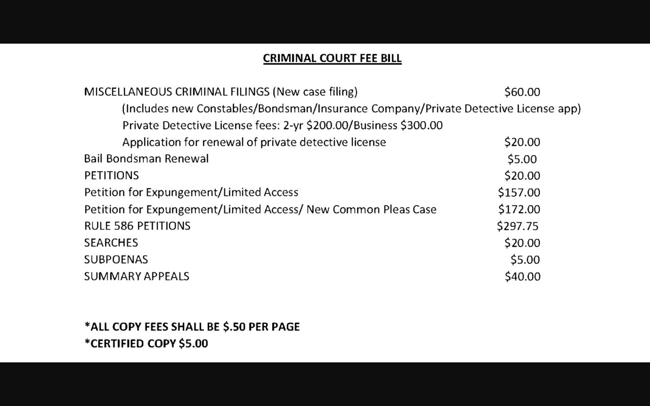 Montour County Clerk of Courts criminal fee bill for warrant-related case costs