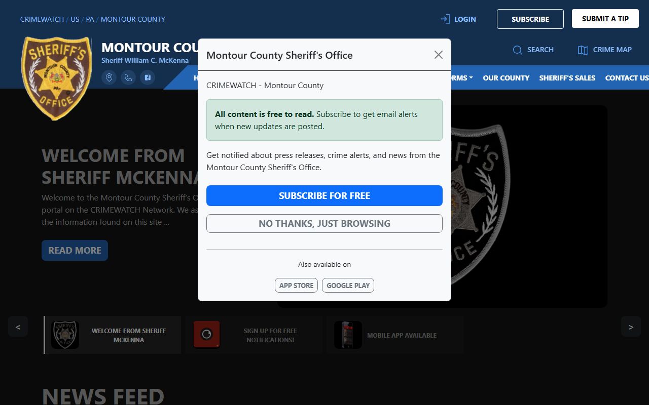 Montour County Sheriff Crimewatch warrant and case feed