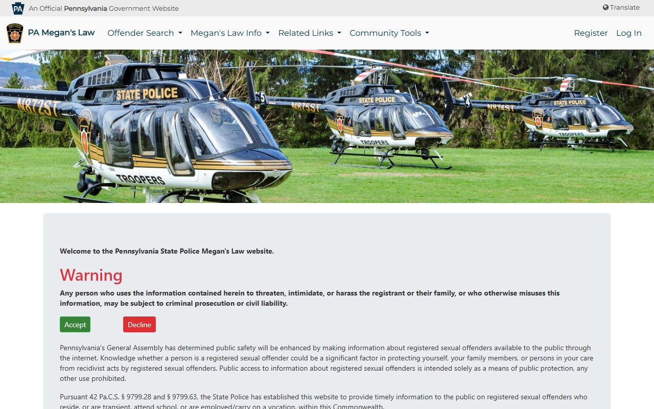 Pennsylvania Megan's Law registry landing page separate from Montour County warrant records